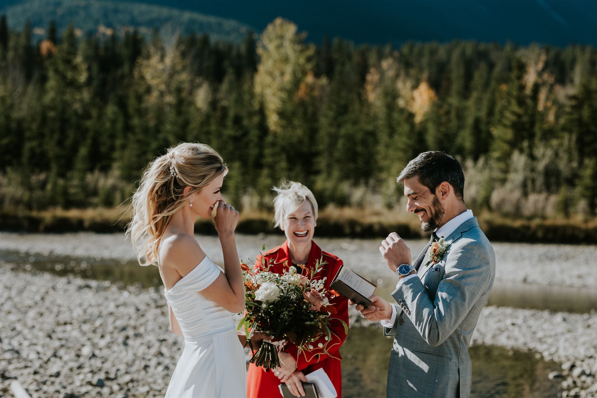 Couple Laughing while saying their vows