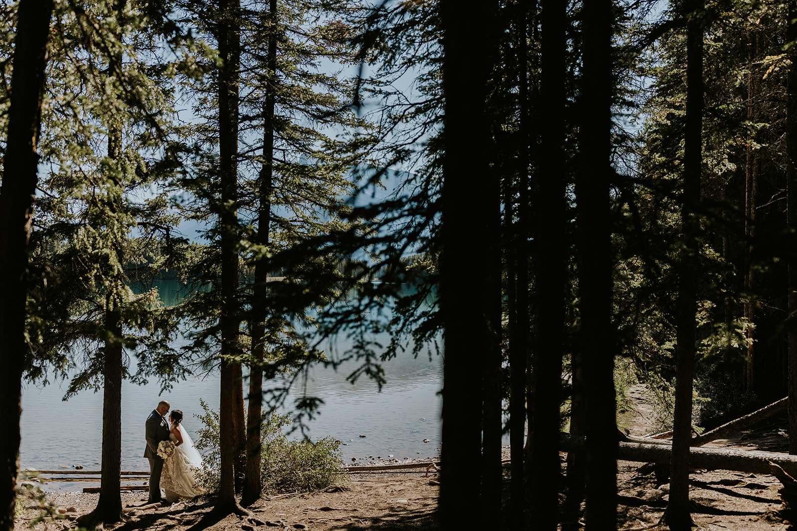 A couple in wedding attire stands close together by a lakeshore near Canmore, partially shaded by tall pine trees, with sunlight filtering through the branches—a breathtaking scene perfect for an intimate elopement.